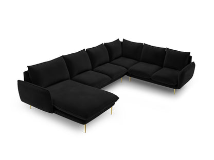 Vienna Panoramic Corner Sofa, 7 Seats, 330x235 cm — Black / Gold Metal / Right