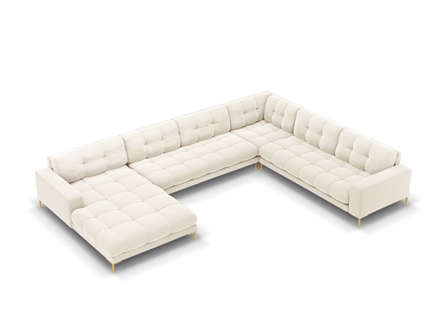 Bali Panoramic Corner Sofa, 7 Seats, 327x256 cm — Light Beige / Gold Metal / Right