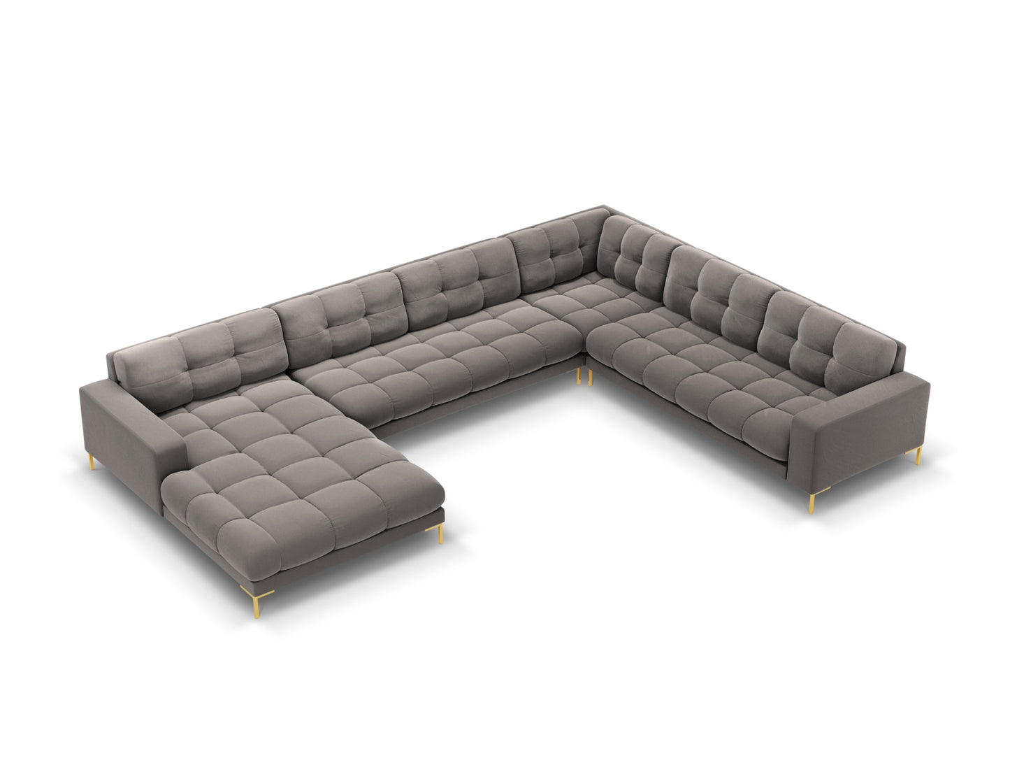 Bali Panoramic Corner Sofa, 7 Seats, 327x256 cm — Light Grey / Gold Metal / Right