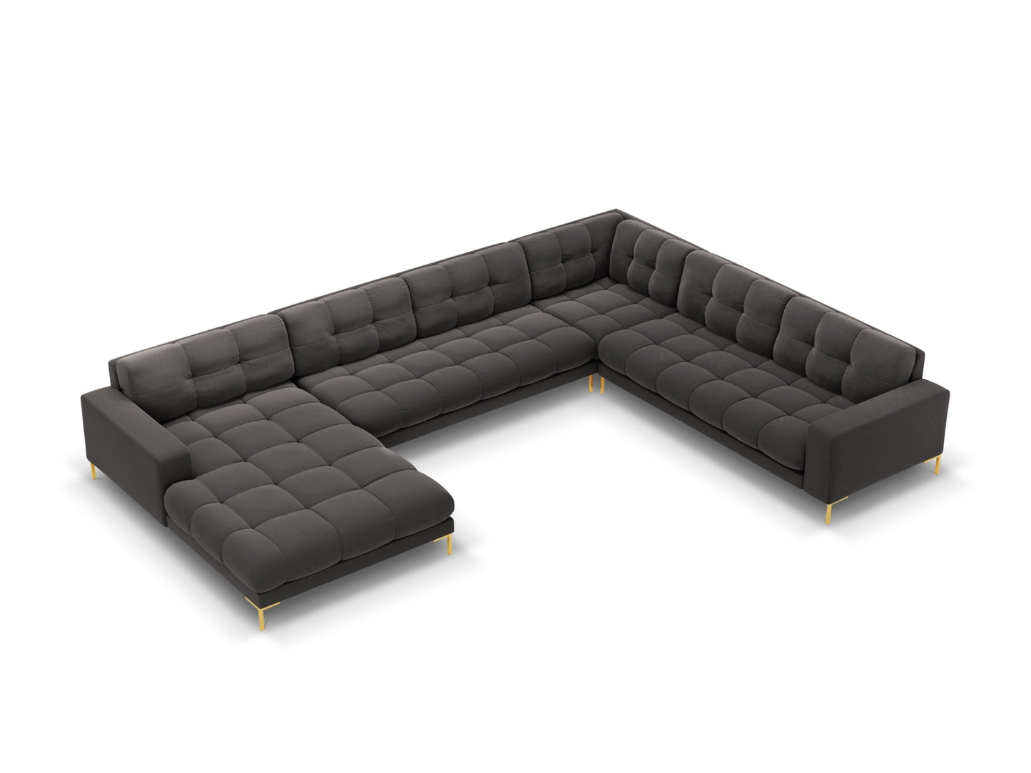 Bali Panoramic Corner Sofa, 7 Seats, 327x256 cm — Dark Grey / Gold Metal / Right