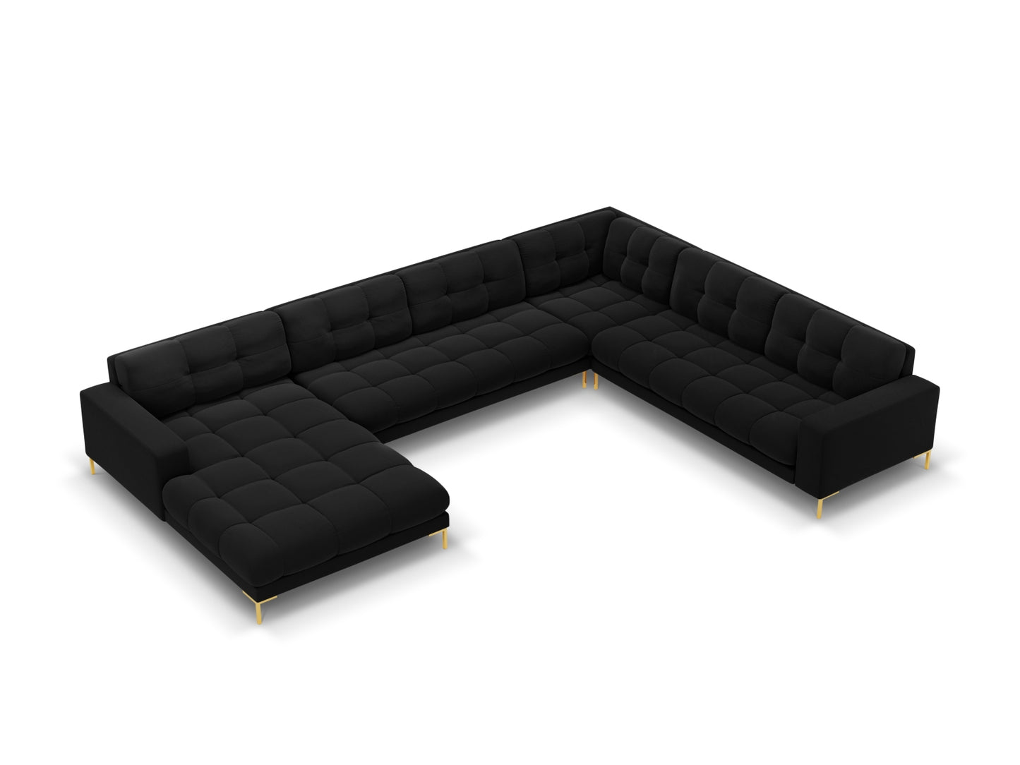 Bali Panoramic Corner Sofa, 7 Seats, 327x256 cm — Black / Gold Metal / Right