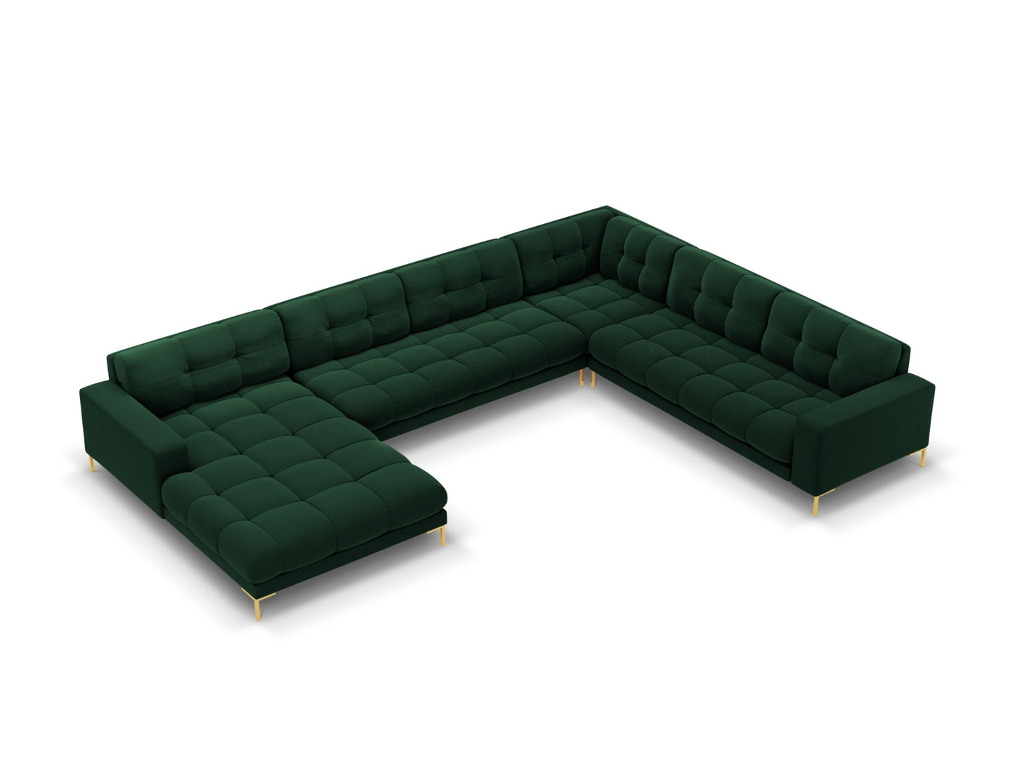Bali Panoramic Corner Sofa, 7 Seats, 327x256 cm — Bottle Green / Gold Metal / Right