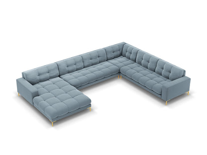 Bali Panoramic Corner Sofa, 7 Seats, 327x256 cm — Light Blue / Gold Metal / Right