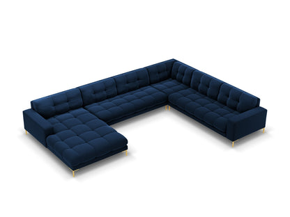 Bali Panoramic Corner Sofa, 7 Seats, 327x256 cm — Royal Blue / Gold Metal / Right