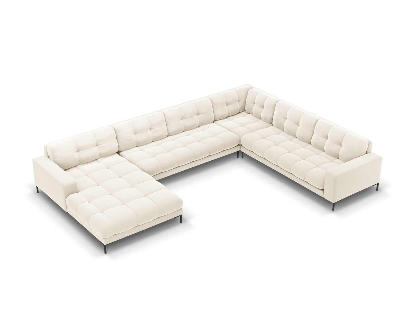 Bali Panoramic Corner Sofa, 7 Seats, 327x256 cm — Light Beige / Black Metal / Right
