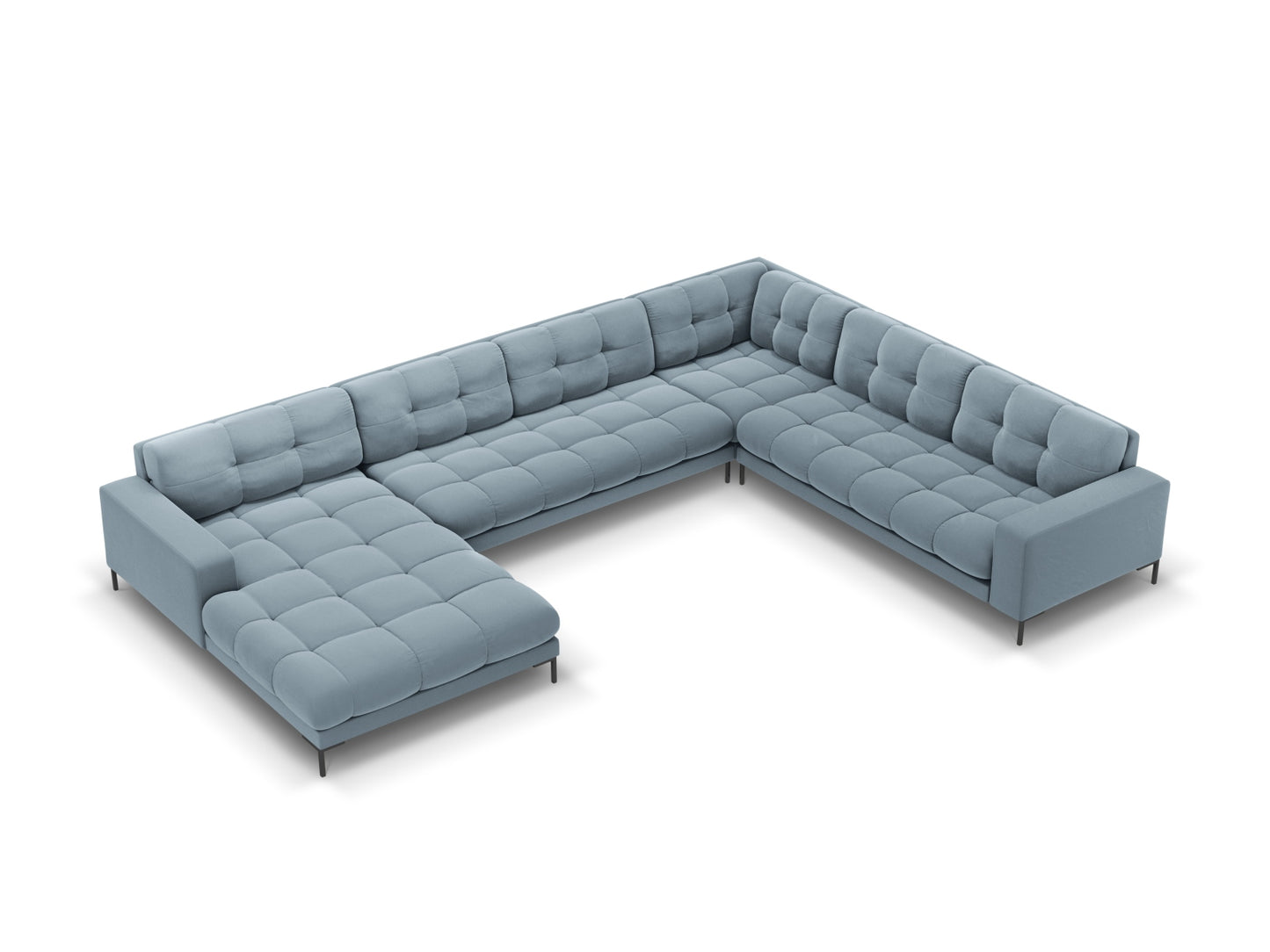 Bali Panoramic Corner Sofa, 7 Seats, 327x256 cm — Light Blue / Black Metal / Right