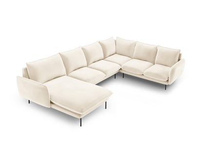 Vienna Panoramic Corner Sofa, 7 Seats, 330x235 cm — Light Beige / Black Metal / Right