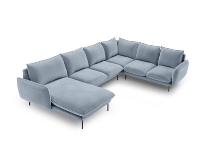 Vienna Panoramic Corner Sofa, 7 Seats, 330x235 cm — Light Blue / Black Metal / Right