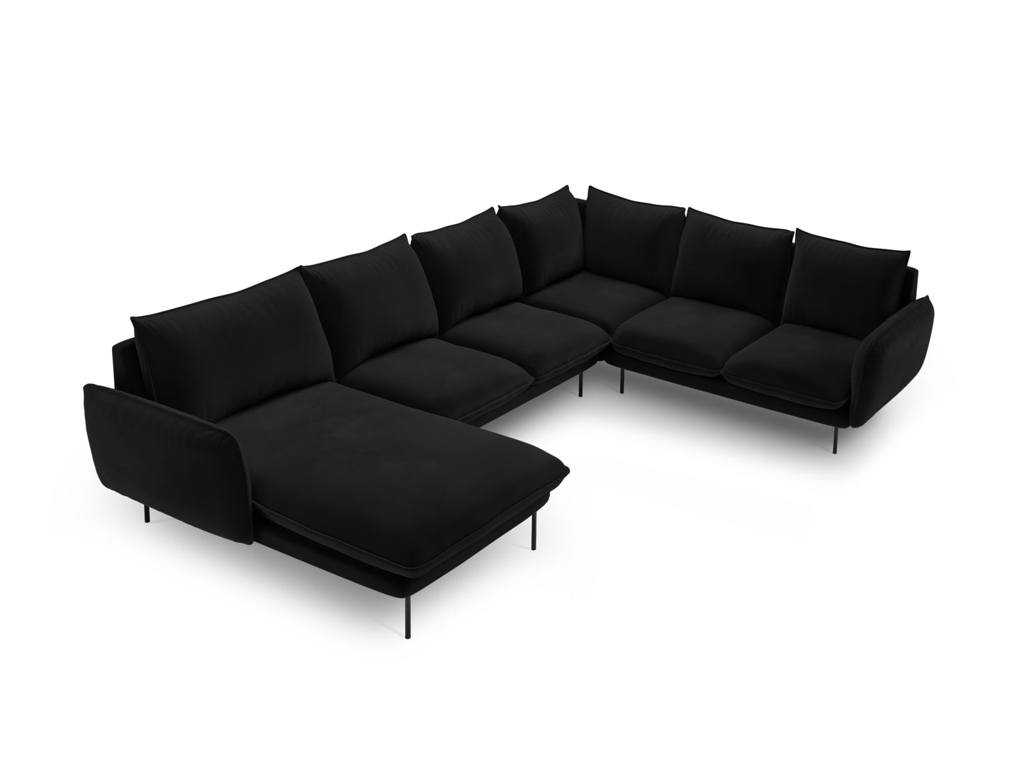 Vienna Panoramic Corner Sofa, 7 Seats, 330x235 cm — Black / Black Metal / Right