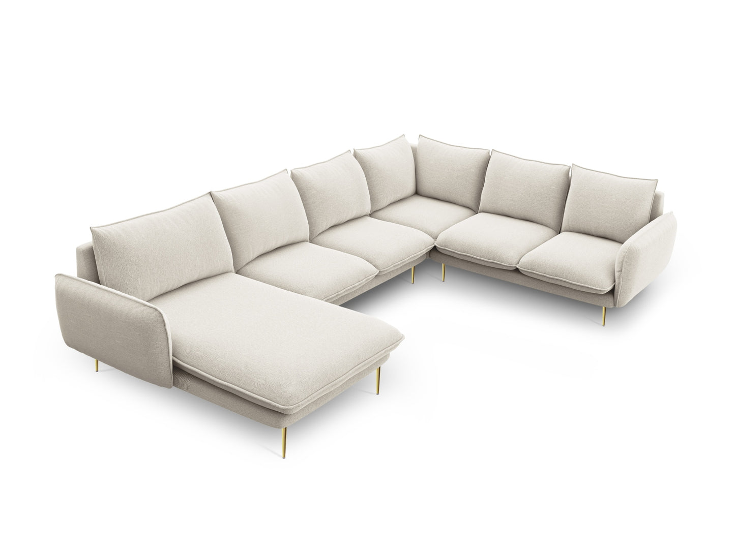 Vienna Panoramic Corner Sofa, 7 Seats, 330x235 cm — Light Beige / Gold Metal / Right