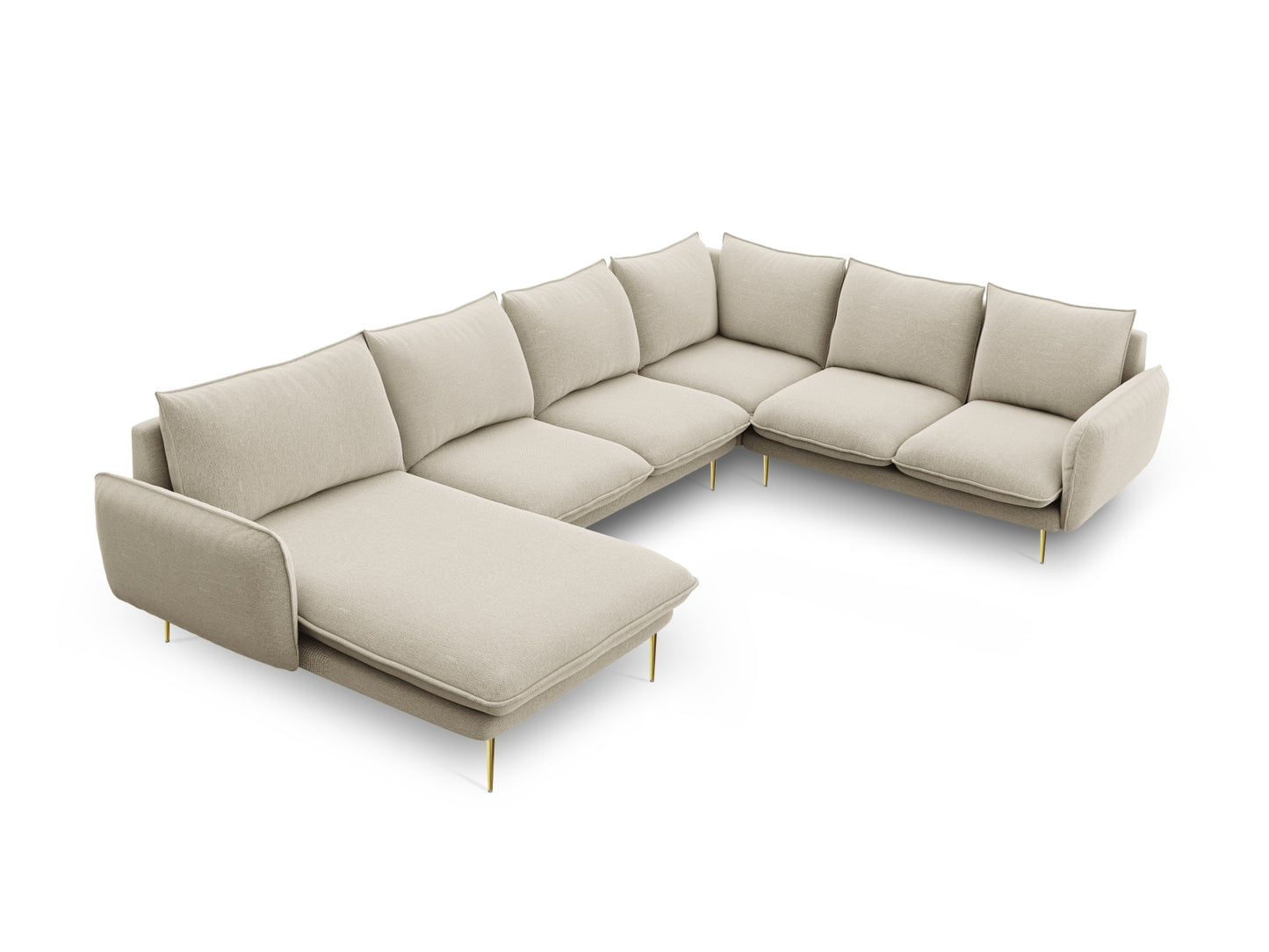 Vienna Panoramic Corner Sofa, 7 Seats, 330x235 cm — Beige / Gold Metal / Right