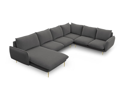 Vienna Panoramic Corner Sofa, 7 Seats, 330x235 cm — Dark Grey / Gold Metal / Right