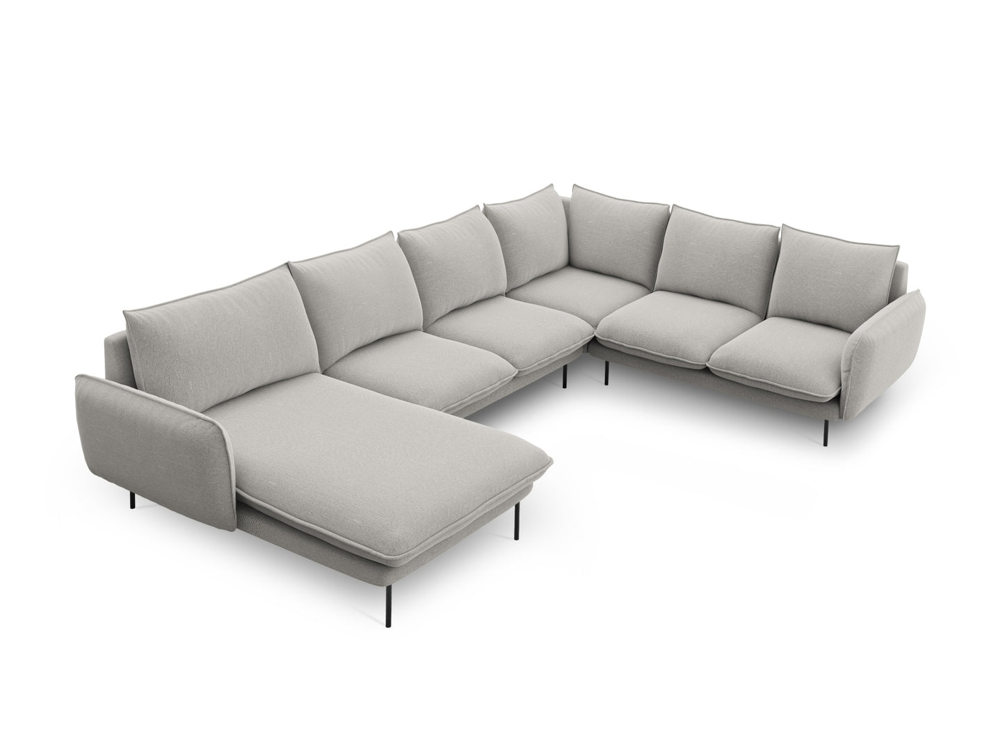 Vienna Panoramic Corner Sofa, 7 Seats, 330x235 cm — Light Grey / Black Metal / Right