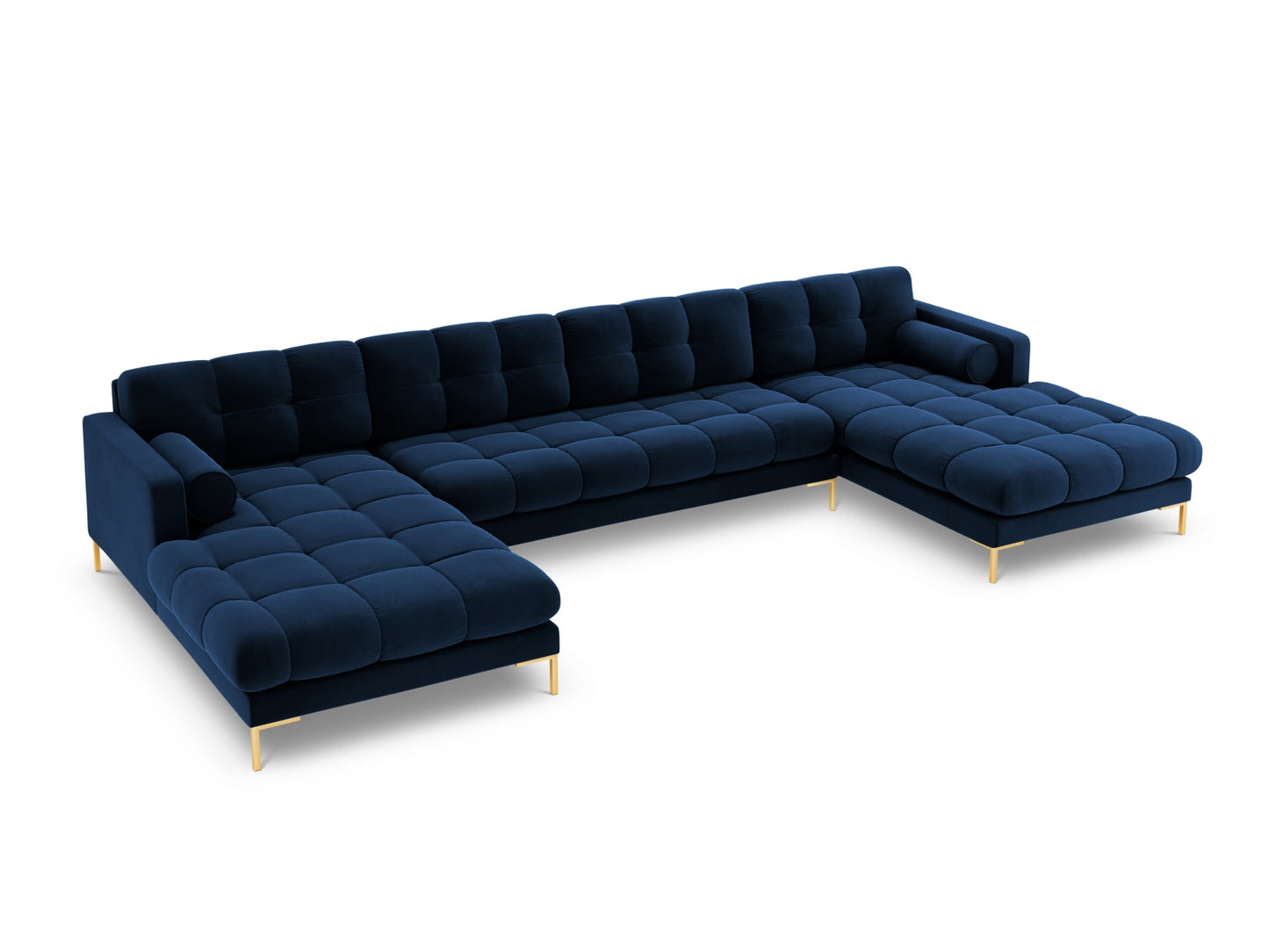 Bali Panoramic Sofa, 7 Seats, 383x185 cm — Royal Blue / Gold Metal