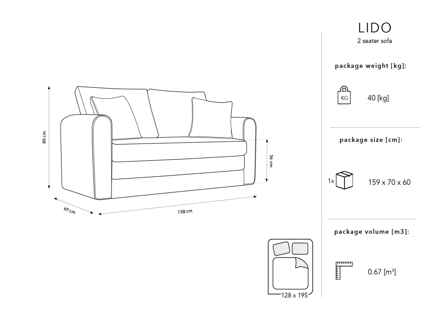 Lido Sofa With Bed Function, 2 Seats, 158x69 cm