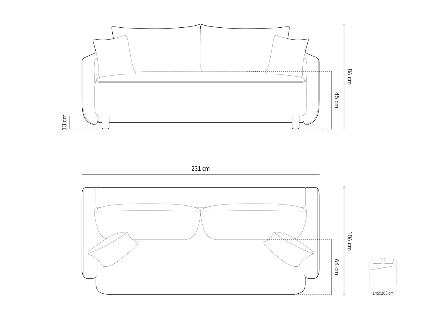 Elen Sofa With Bed Function And Box, 3 Seats, 231x106 cm