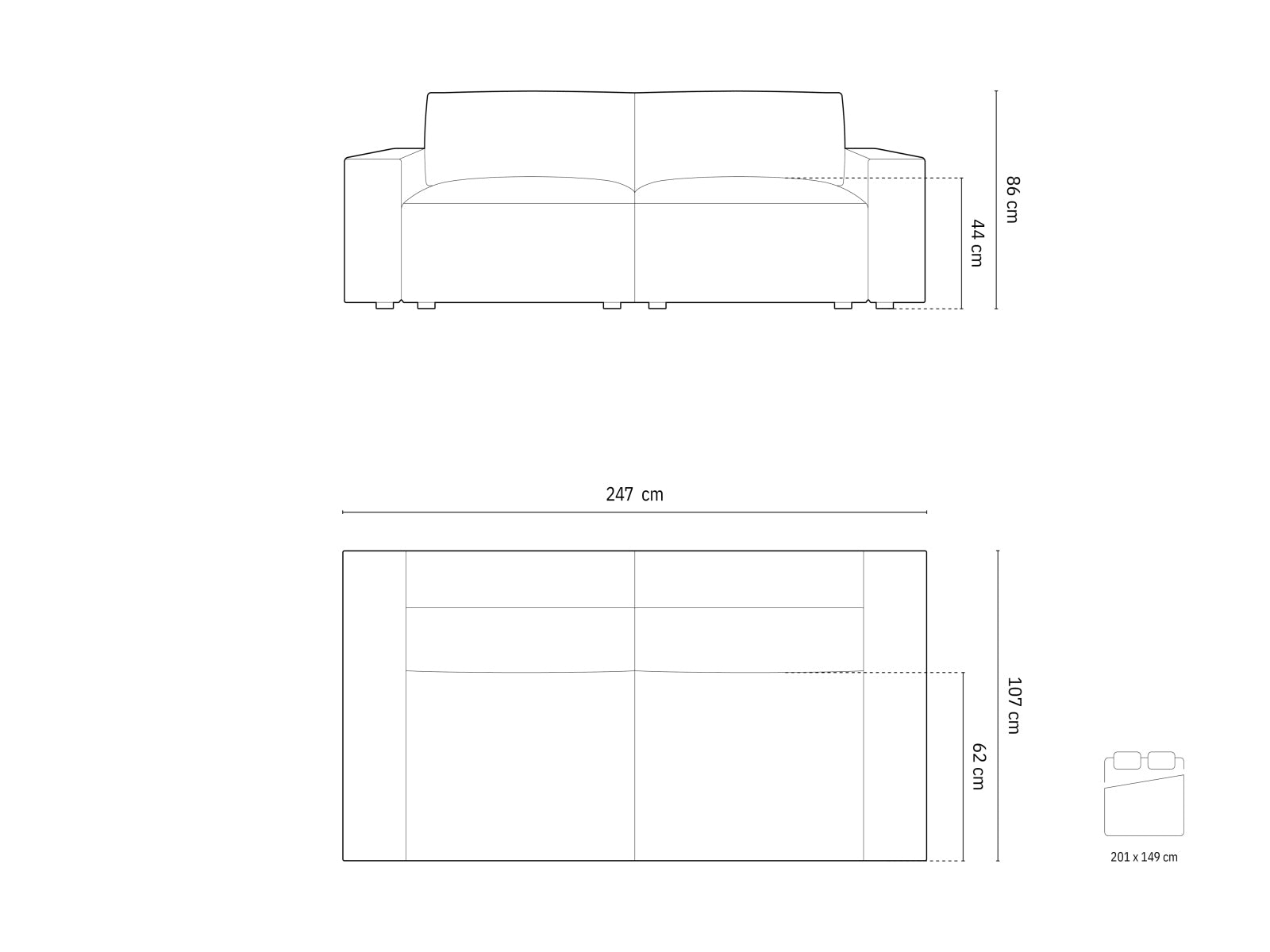 Jodie Sofa With Bed Function And Box, 3 Seats, 247x107 cm