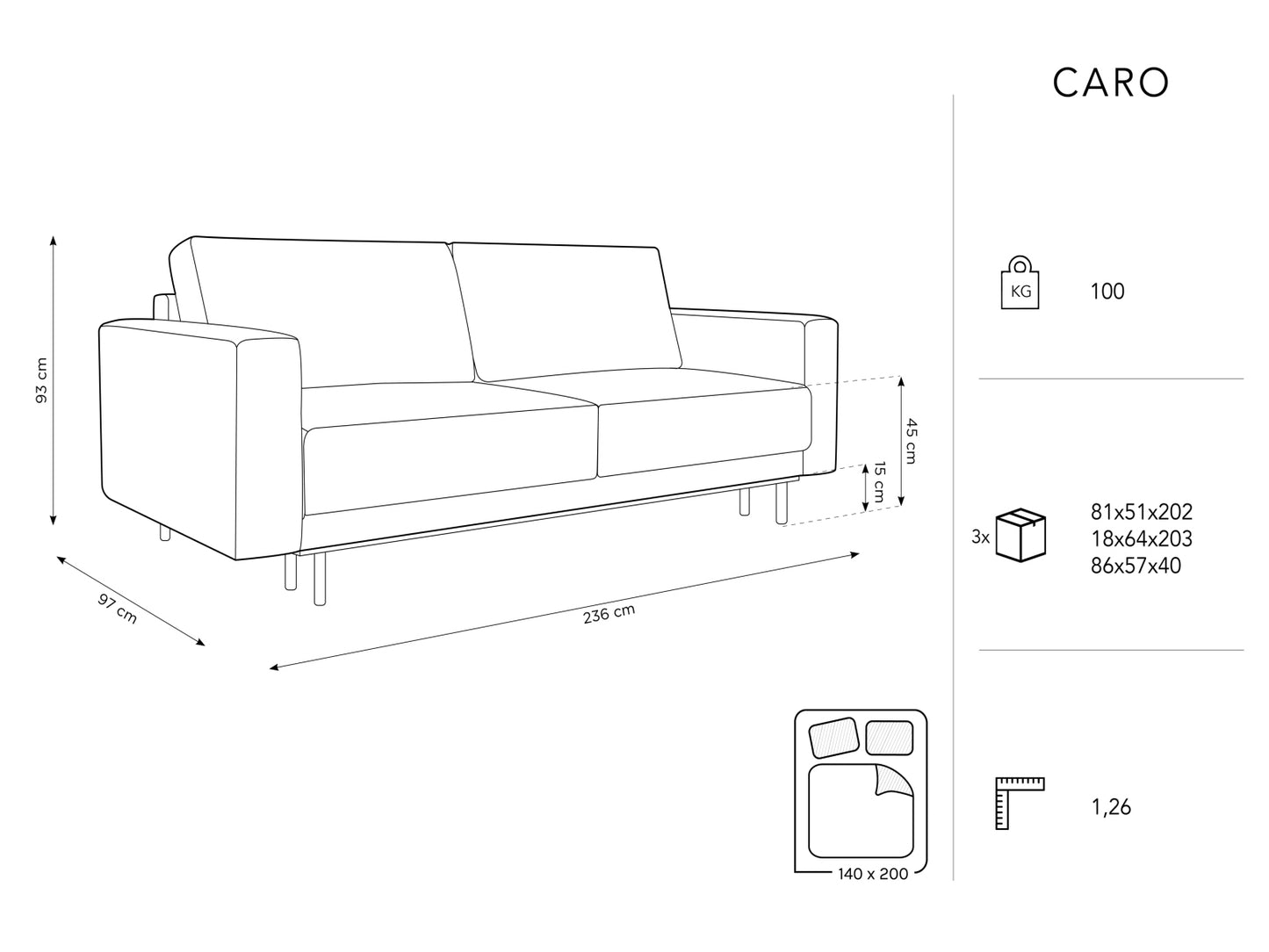 Caro Sofa With Bed Function And Box, 3 Seats, 236x97 cm