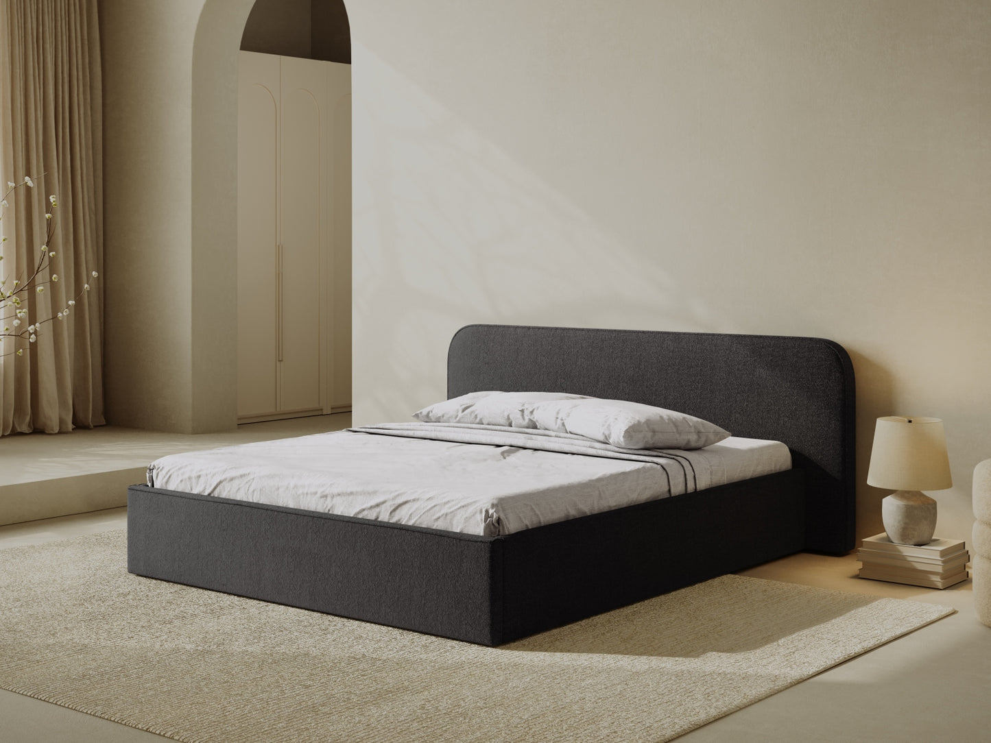 Bett Bouclé Anthrazit Elizabeth — Wohnbeispiel