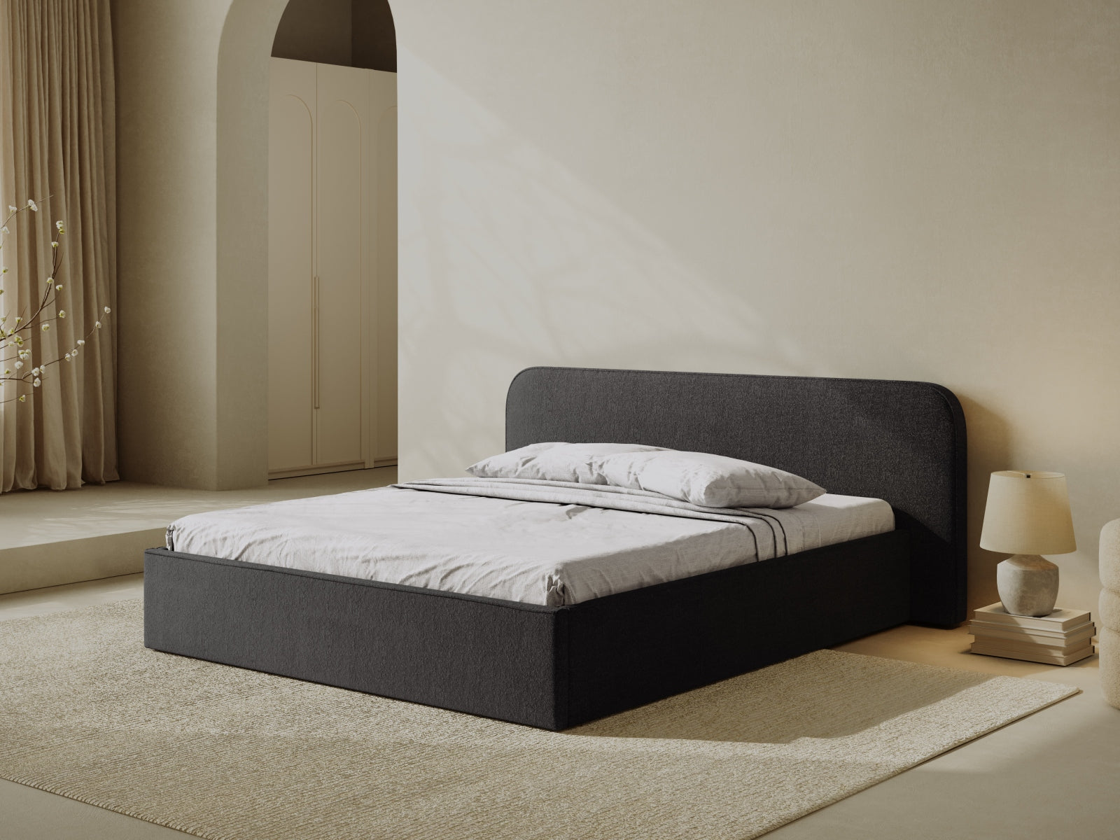 Bett Bouclé Anthrazit Elizabeth — Wohnbeispiel