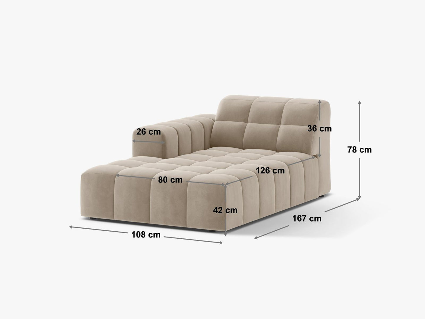 Chaiselongue Samt Beige Jennifer — Maße und Details