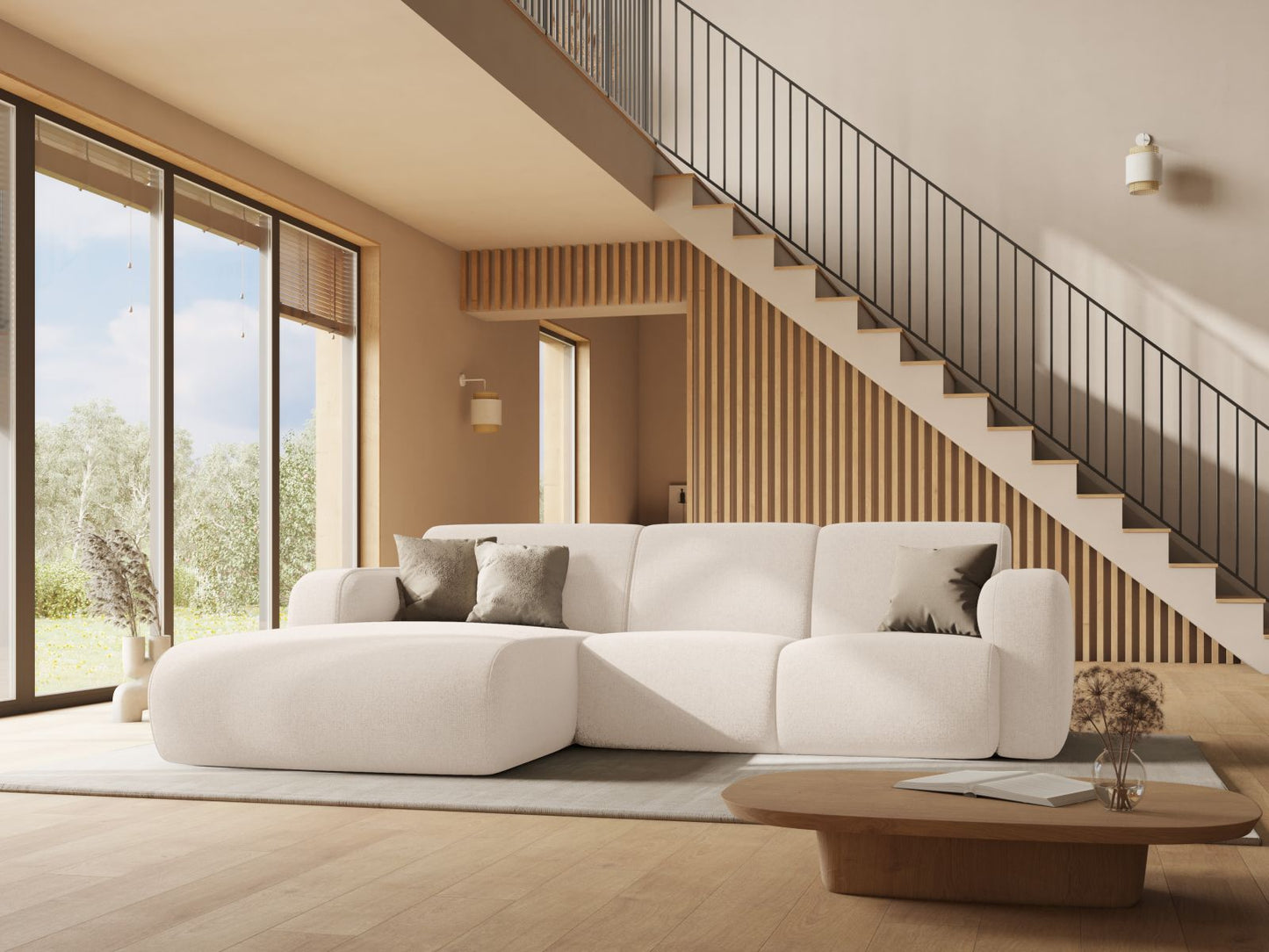 Ecksofa Chenille Beige Molino — Wohnbeispiel