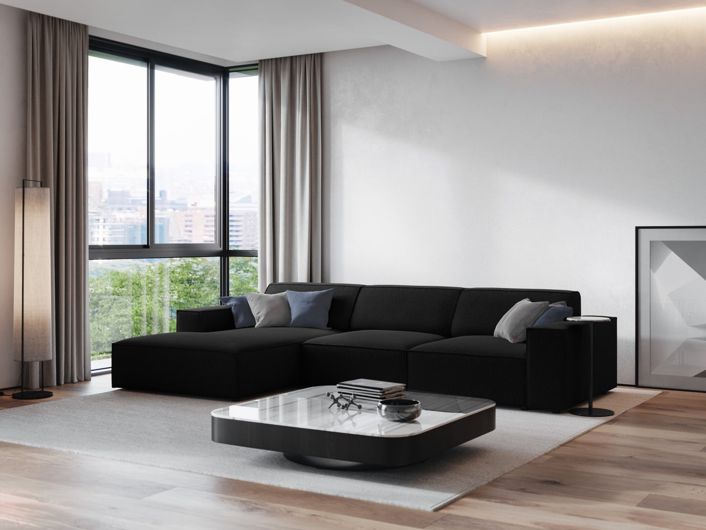 Ecksofa Strukturstoff Schwarz Jodie — Wohnbeispiel