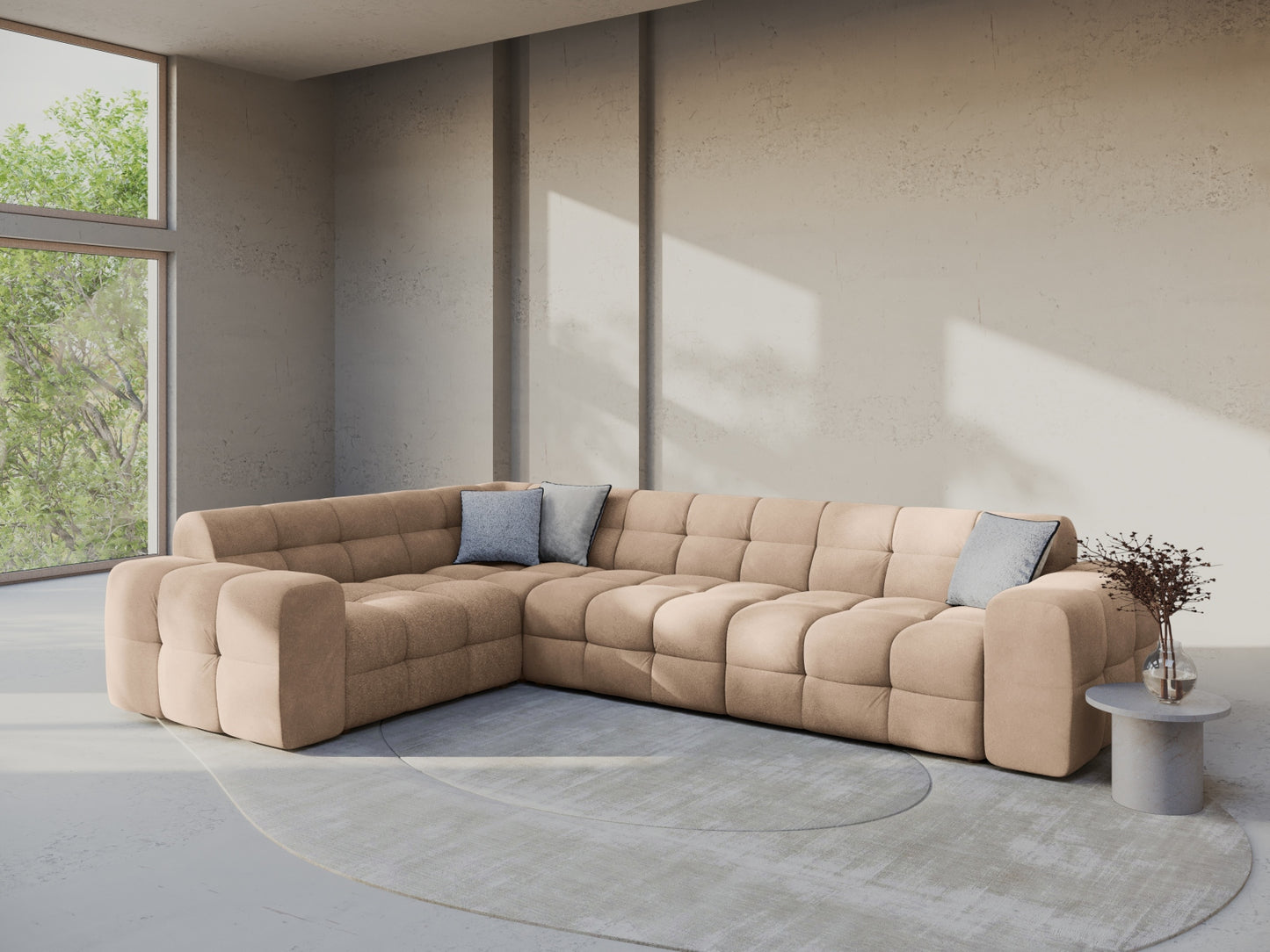 Ecksofa Samt Almond Beige Kendal — Wohnbeispiel