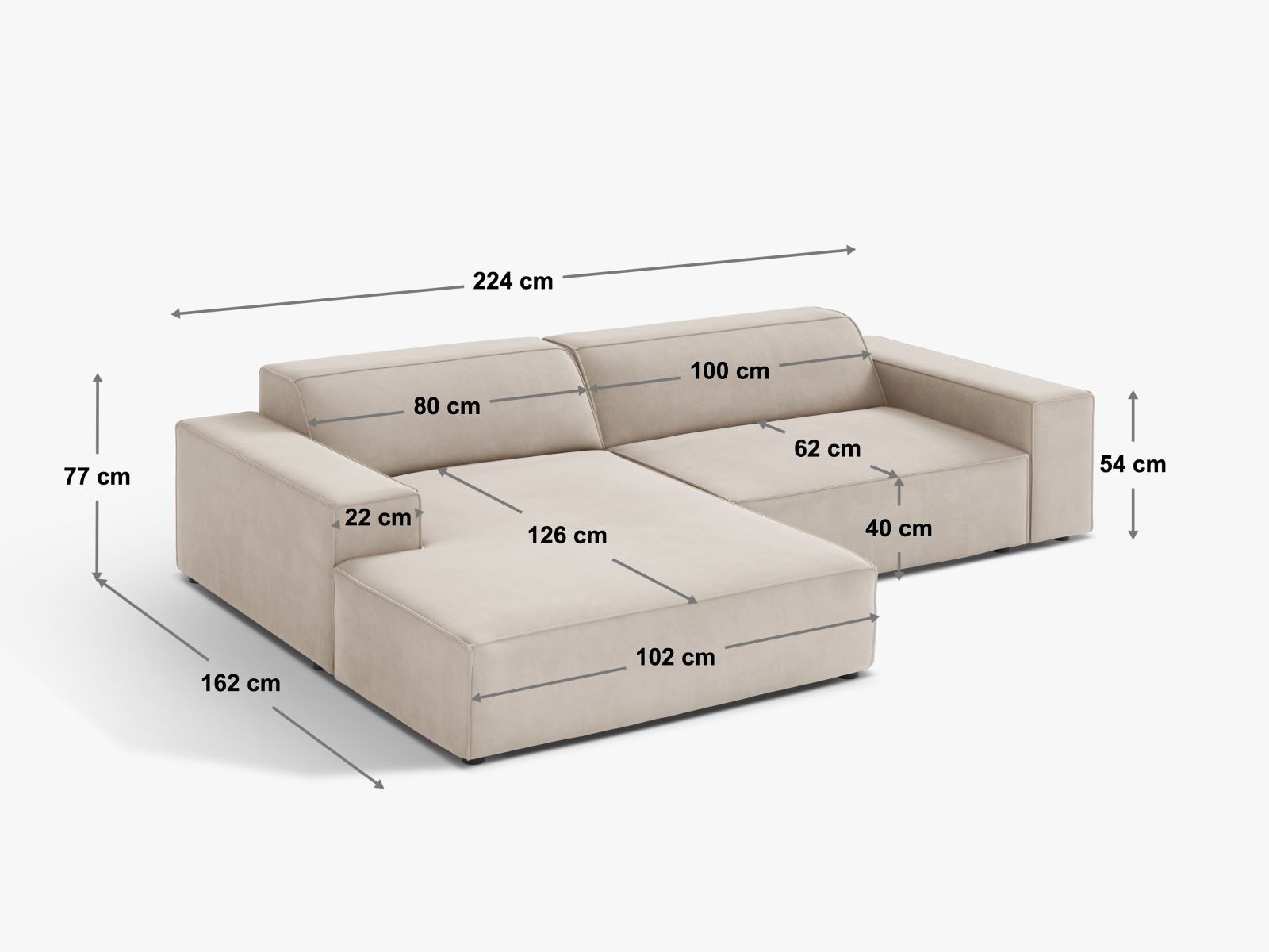 Jodie Modular Corner Sofa, 3 Seats, 224x162 cm