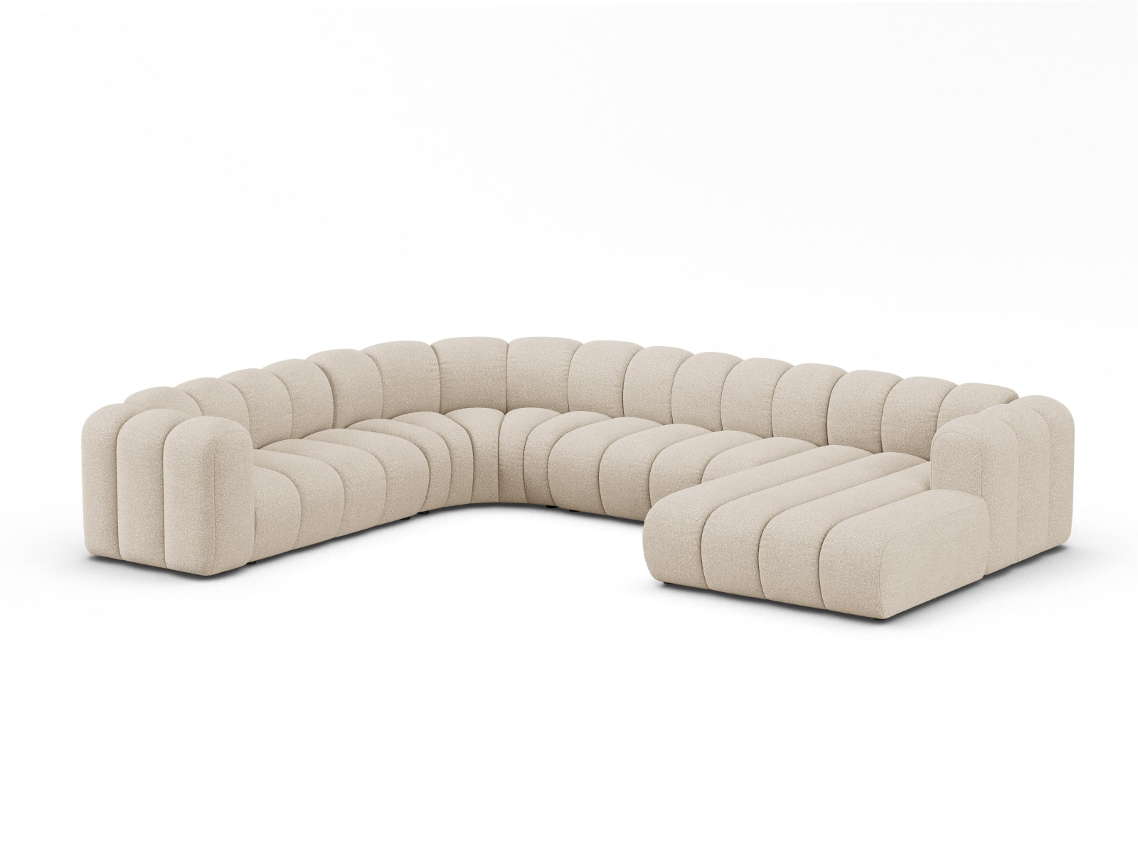 Panorama-Ecksofa Bouclé Beige Lupine — Wohnbeispiel