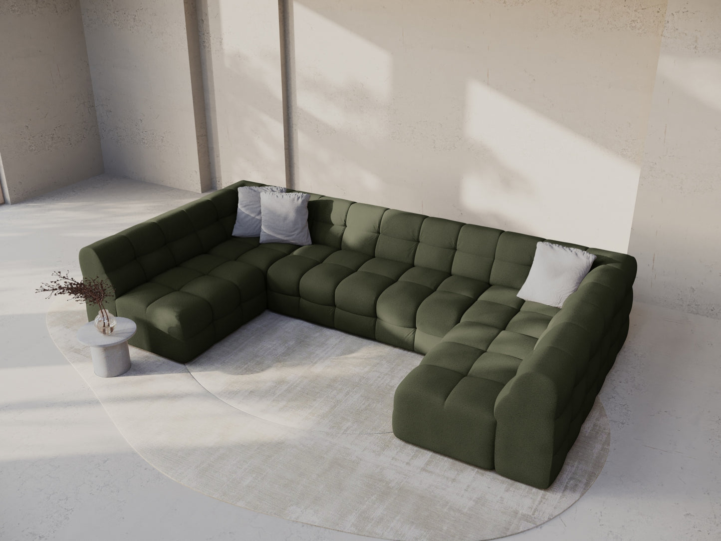 Panoramasofa Strukturstoff Amazon Green Kendal — Wohnbeispiel