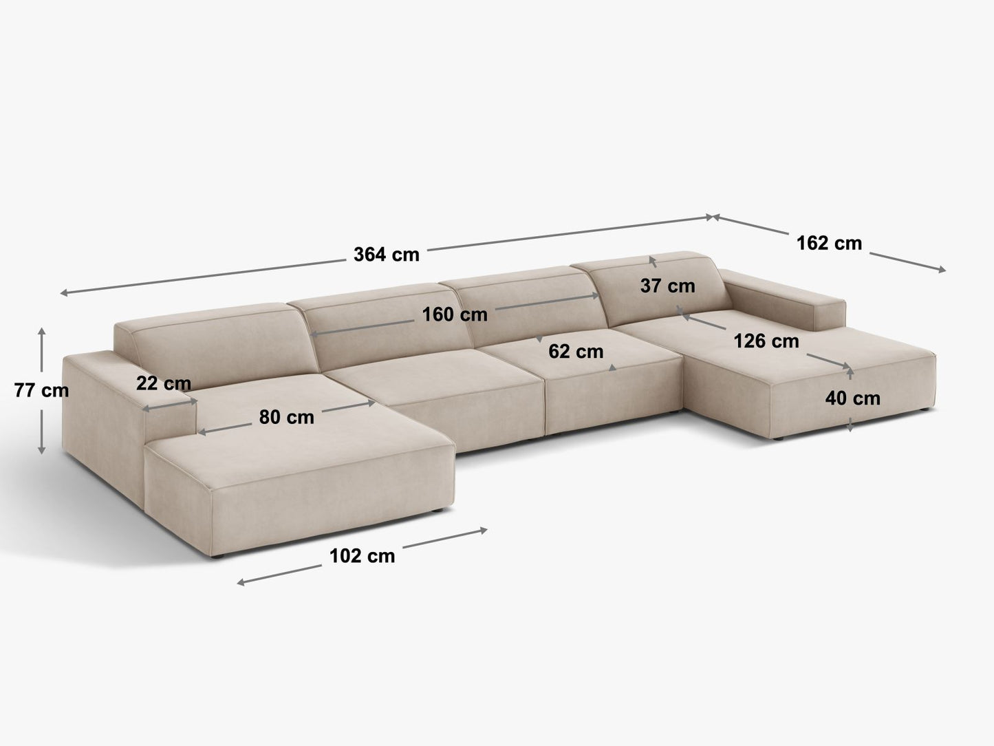 Panoramasofa Strukturstoff Beige Jodie — Maße und Details